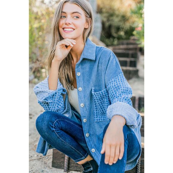 And The Why Button Down Corduroy Contrast Texture Long Sleeves Shacket | Blue - Picture 5 of 5